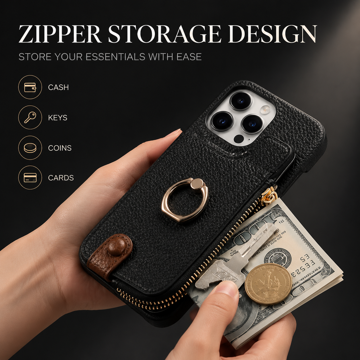 Premium iPhone Case Leather Zipper Wallet Cover Card Holder Ring Kickstand Magnetic Closure Shockproof Anti Fingerprint Protective Design