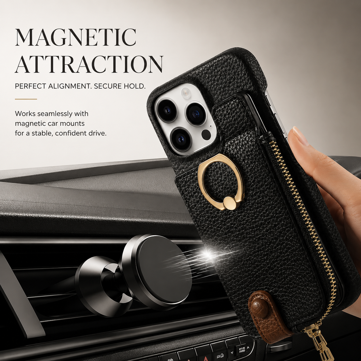 Premium iPhone Case Leather Zipper Wallet Cover Card Holder Ring Kickstand Magnetic Closure Shockproof Anti Fingerprint Protective Design