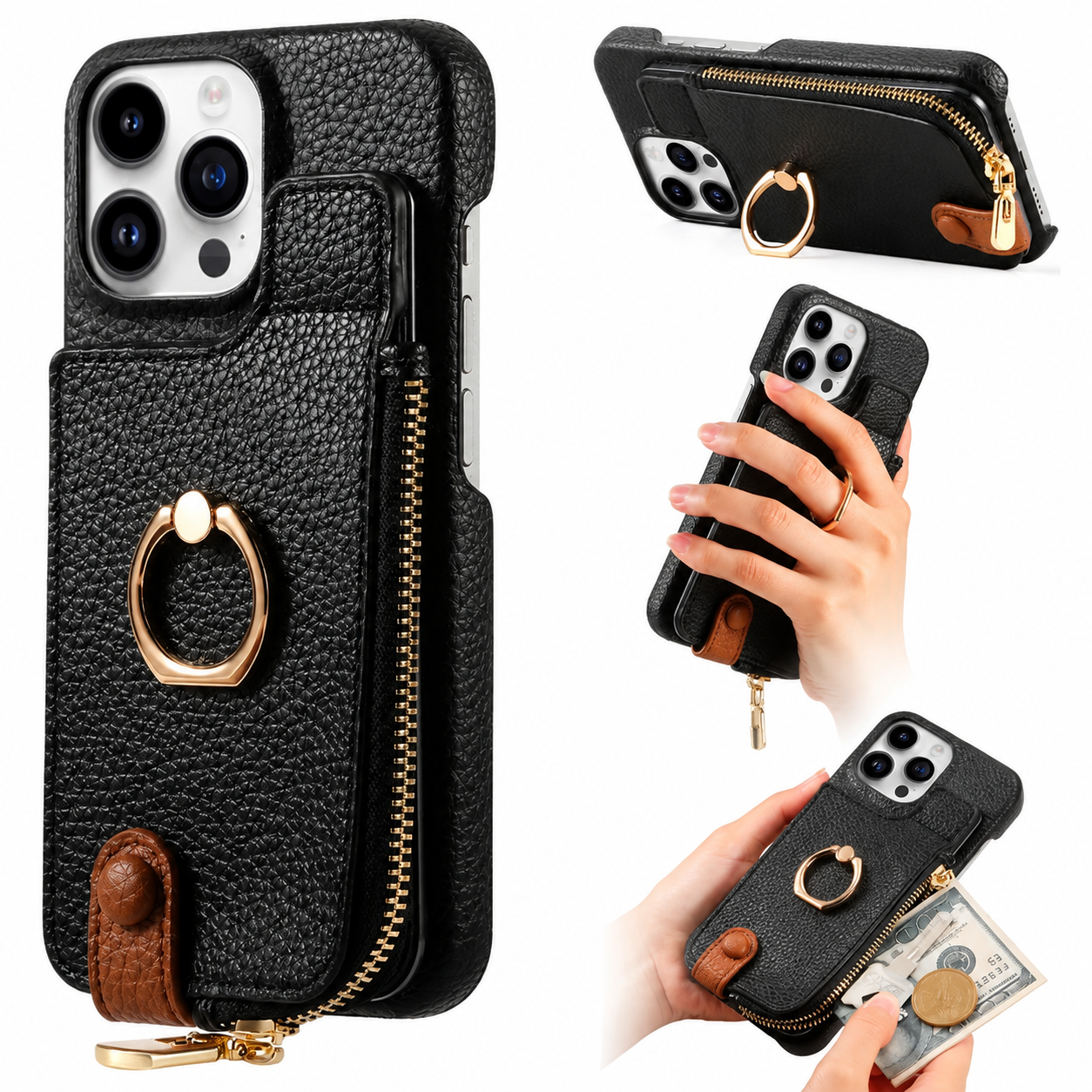 Premium iPhone Case Leather Zipper Wallet Cover Card Holder Ring Kickstand Magnetic Closure Shockproof Anti Fingerprint Protective Design