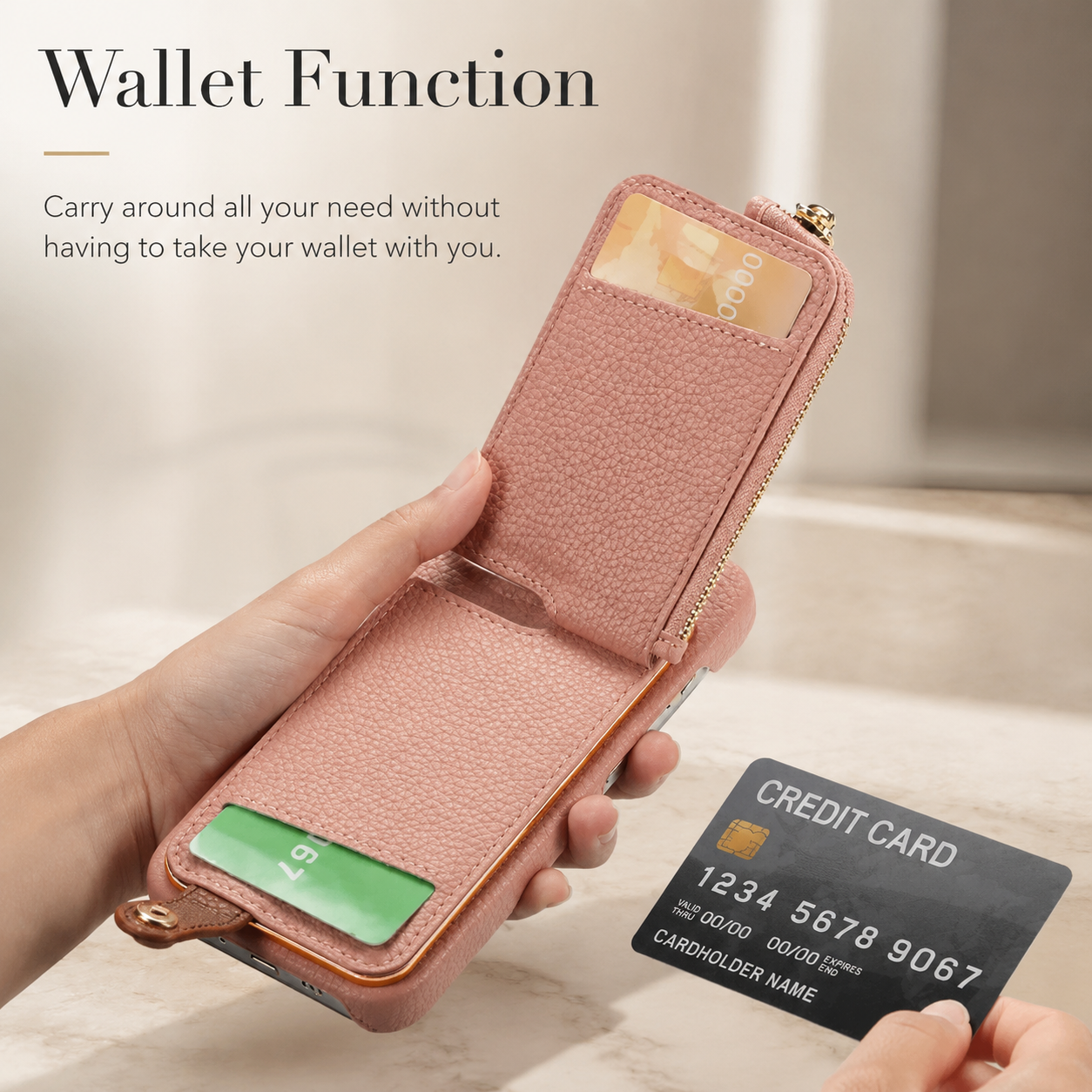 Premium iPhone Case Leather Zipper Wallet Cover Card Holder Ring Kickstand Shockproof Protective Case Magnetic Closure Full Coverage Design