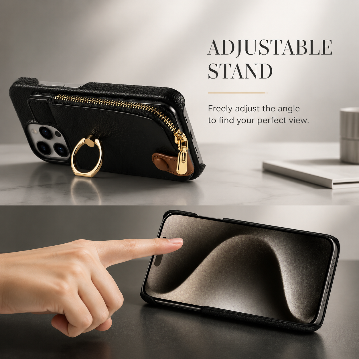 Premium iPhone Case Leather Zipper Wallet Cover Card Holder Ring Kickstand Shockproof Protective Case Magnetic Closure Full Coverage Design