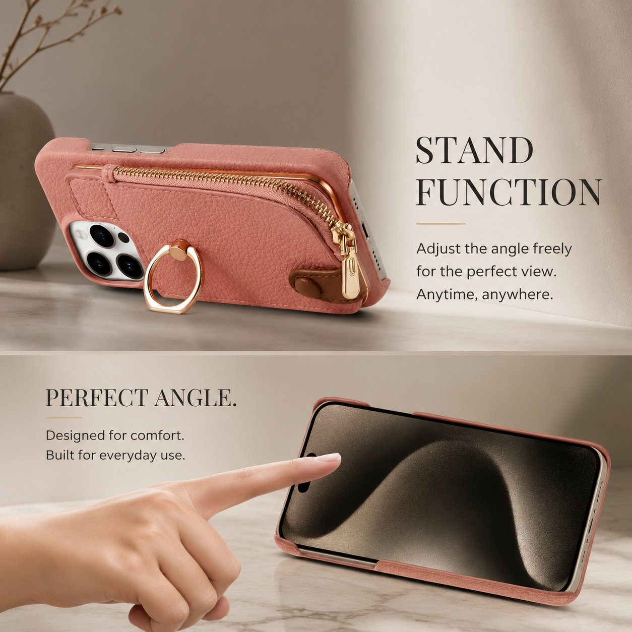 Premium iPhone Case Leather Zipper Wallet Cover Card Holder Ring Kickstand Shockproof Protective Case Magnetic Closure Full Coverage Design