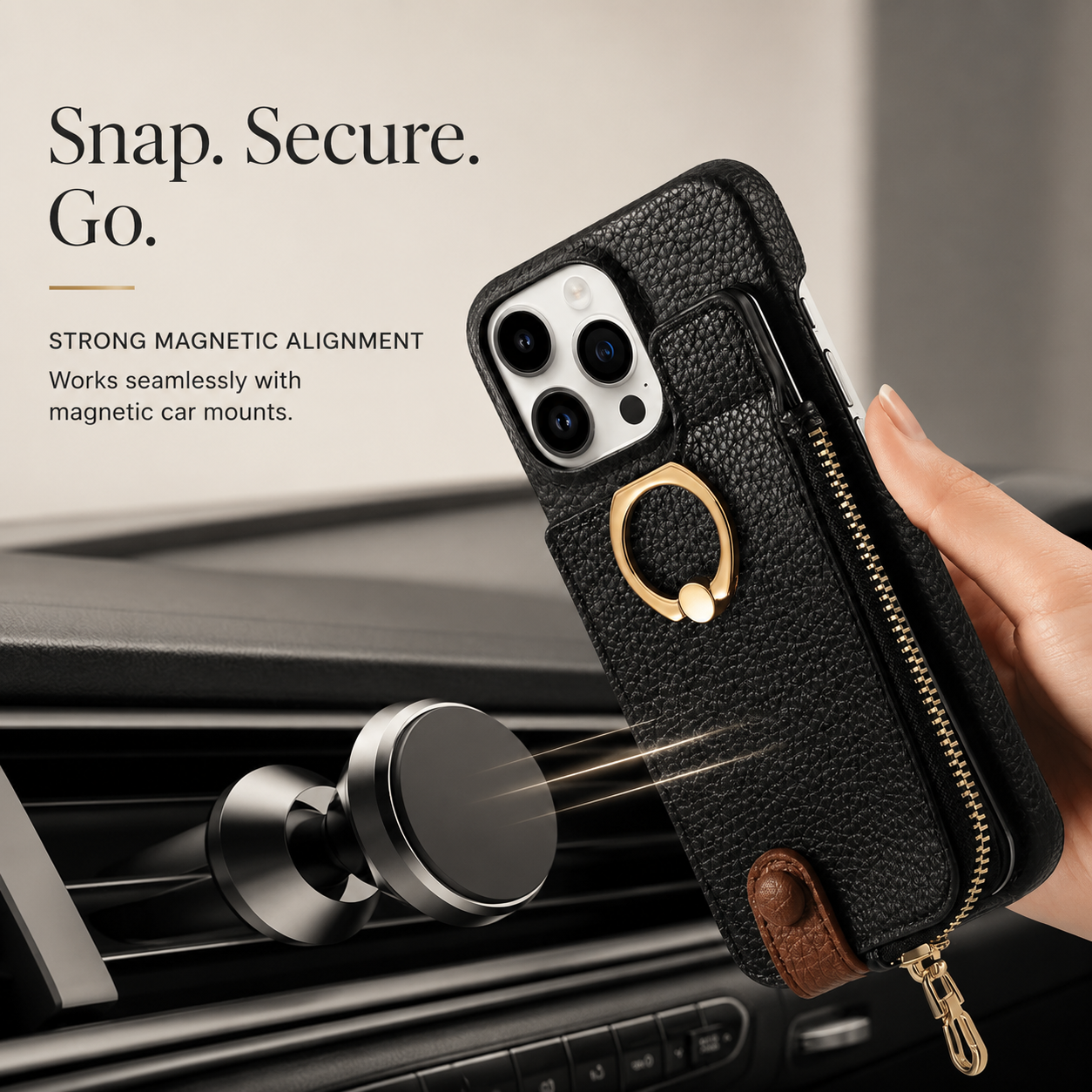 Premium iPhone Case Leather Zipper Wallet Cover Card Holder Ring Kickstand Shockproof Protective Case Magnetic Closure Full Coverage Design