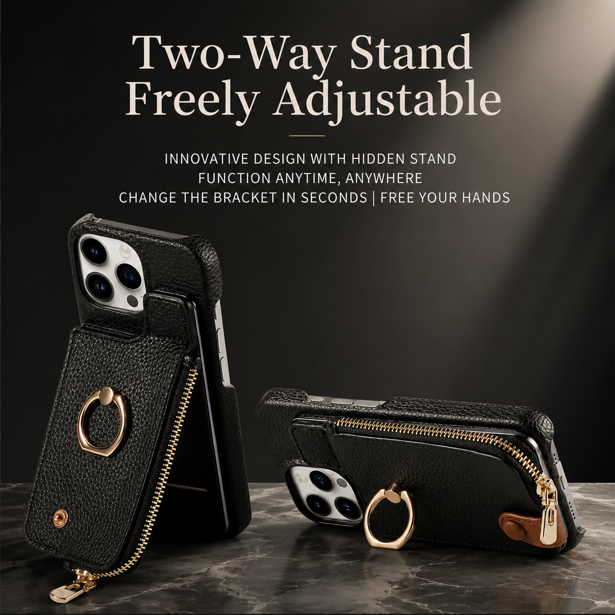 Premium iPhone Case Leather Zipper Wallet Cover Card Holder Ring Kickstand Shockproof Protective Case Magnetic Closure Full Coverage Design