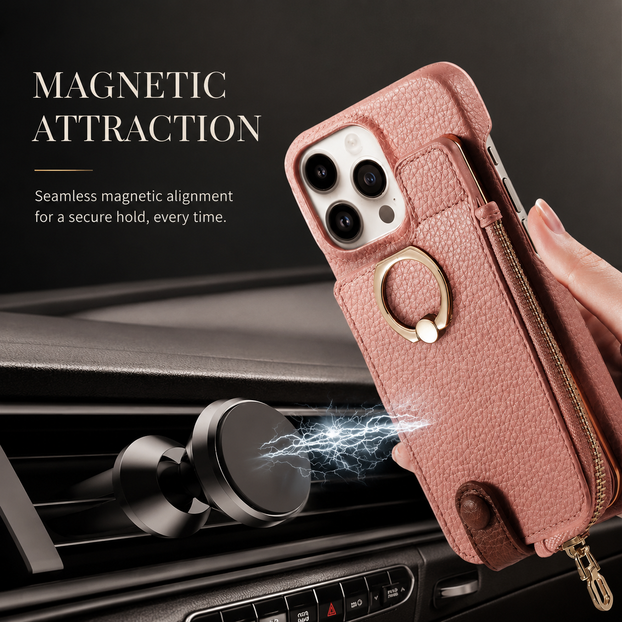 Premium iPhone Case Leather Zipper Wallet Cover Card Holder Ring Kickstand Shockproof Protective Case Magnetic Closure Full Coverage Design