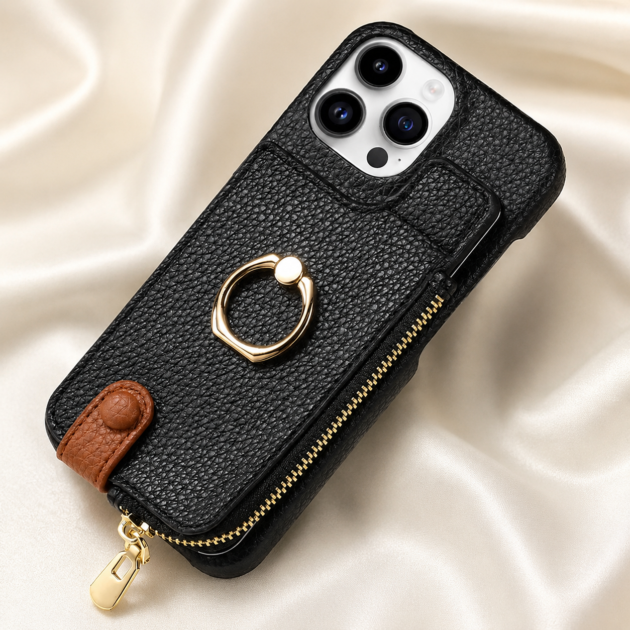 Premium iPhone Case Leather Zipper Wallet Cover Card Holder Ring Kickstand Shockproof Protective Case Magnetic Closure Full Coverage Design