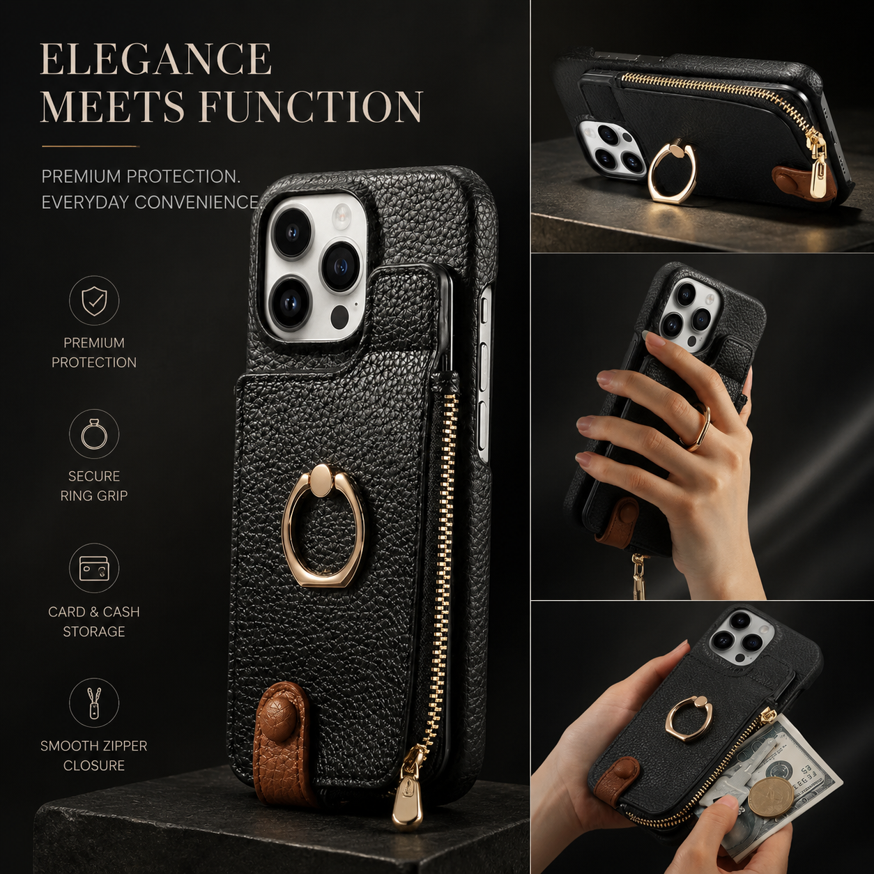 Premium iPhone Case Leather Zipper Wallet Cover Card Holder Ring Kickstand Shockproof Protective Case Magnetic Closure Full Coverage Design