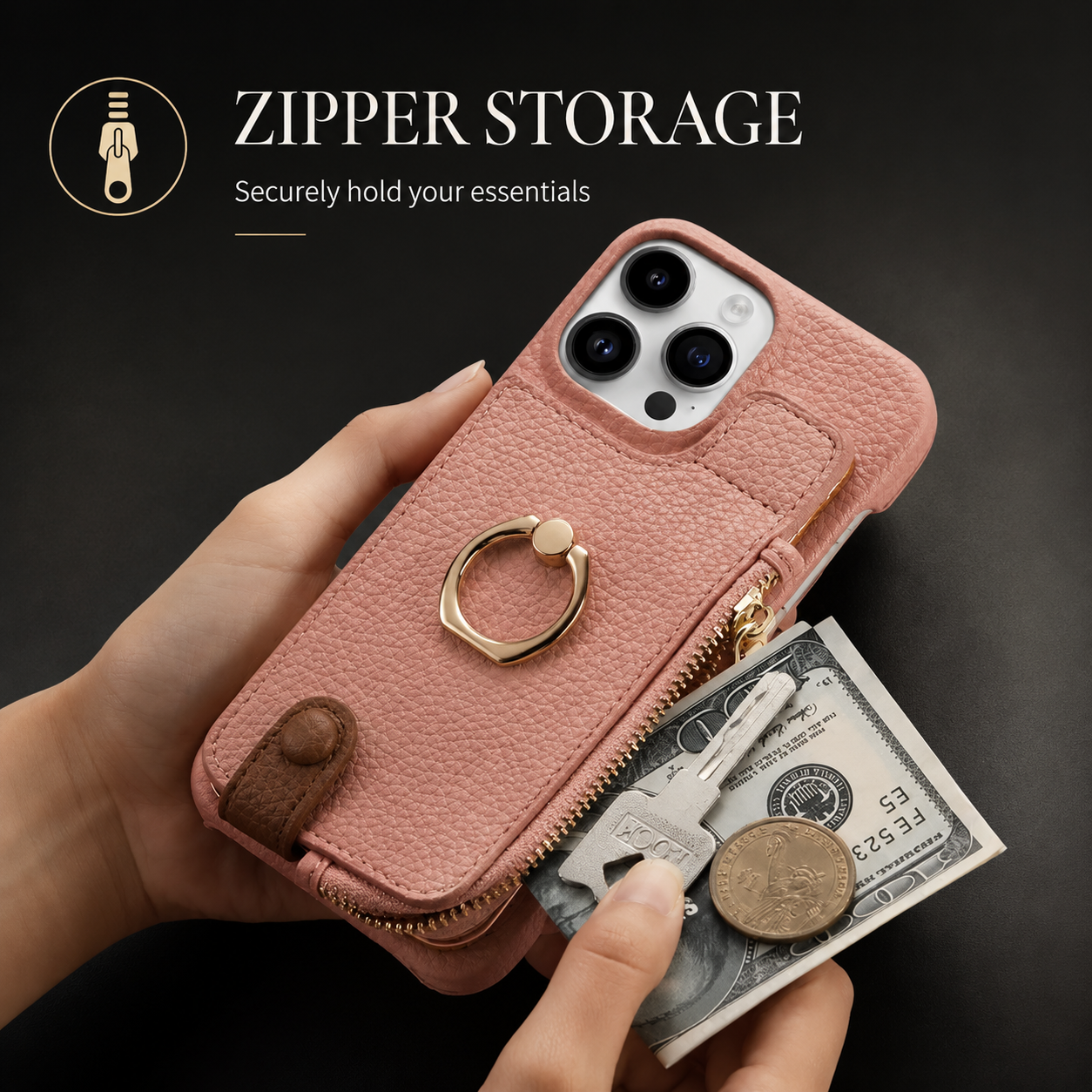 Premium iPhone Case Leather Zipper Wallet Cover Card Holder Ring Kickstand Shockproof Protective Case Magnetic Closure Full Coverage Design