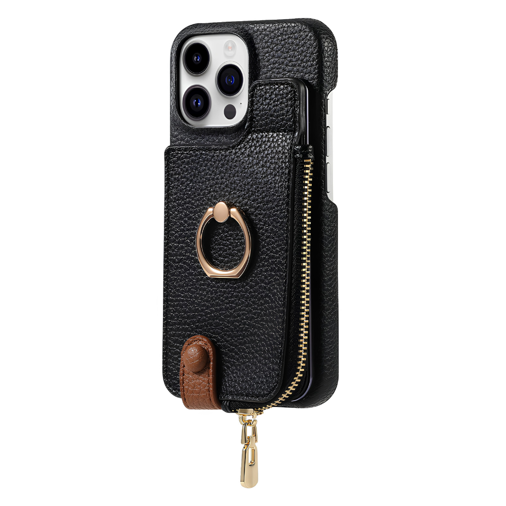 Premium iPhone Case Leather Zipper Wallet Cover Card Holder Ring Kickstand Shockproof Protective Case Magnetic Closure Full Coverage Design