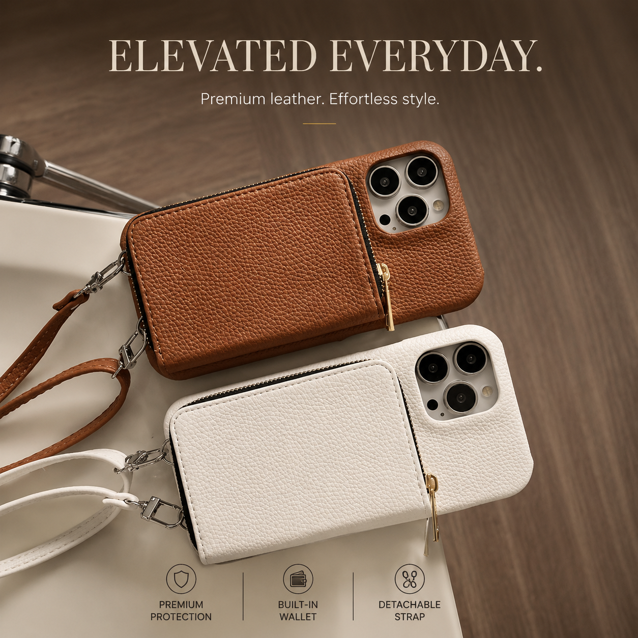 Premium iPhone Case Leather Zipper Wallet Crossbody Cover Card Holder Shoulder Strap Shockproof Protective Magnetic Closure Full Coverage Design