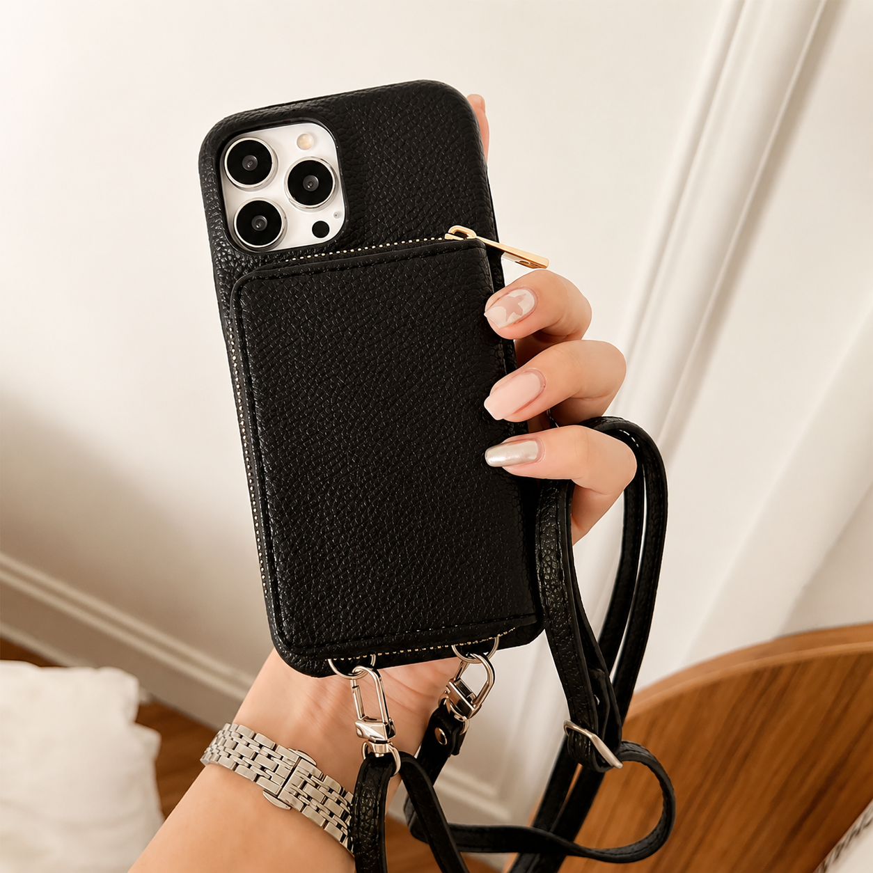 Premium iPhone Case Leather Zipper Wallet Crossbody Cover Card Holder Shoulder Strap Shockproof Protective Magnetic Closure Full Coverage Design