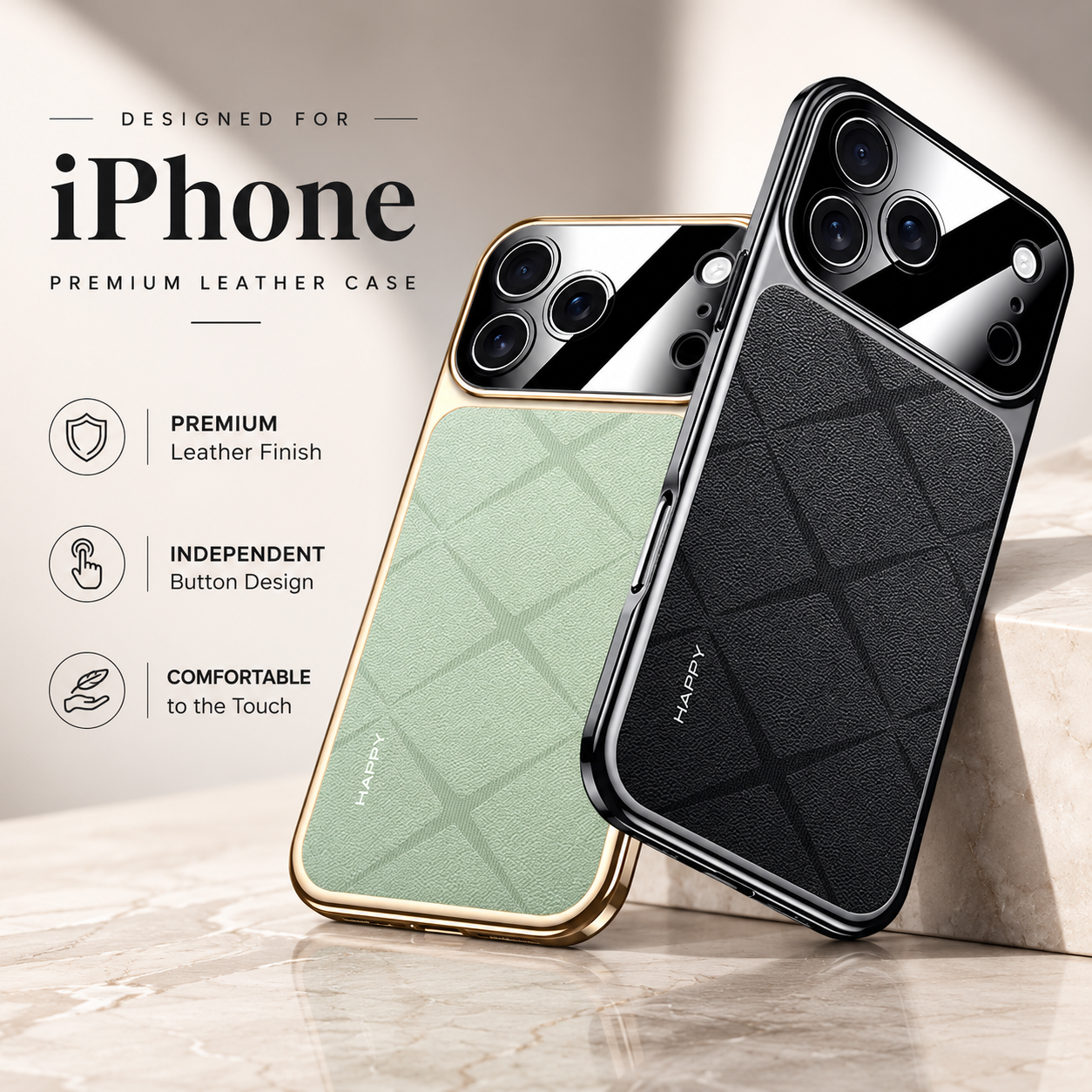 Premium iPhone Case Luxury Leather Frame Plating Protective Cover Shockproof Bumper Camera Lens Protection Anti Scratch Slim Full Coverage