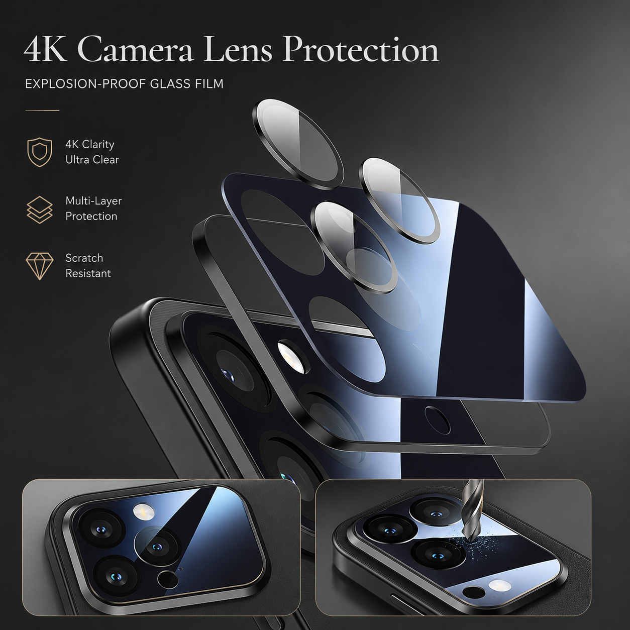 Premium iPhone Case Luxury Metal Cover Large Window Acrylic Protective Cover Soft Silicone Frame Shockproof Camera Lens Protection Anti Scratch Full Coverage
