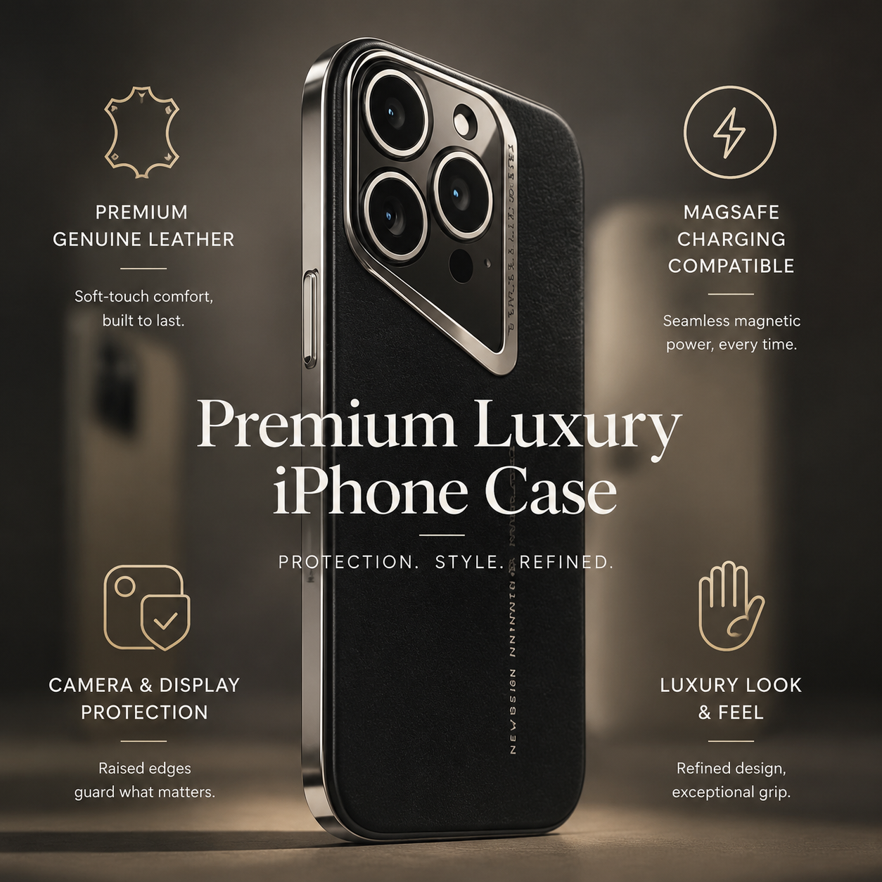 Premium iPhone Case Luxury PU Leather Electroplated Finish Ultra Thin Shockproof Protective Cover Camera Lens Protection Slim Hard Back Full Coverage