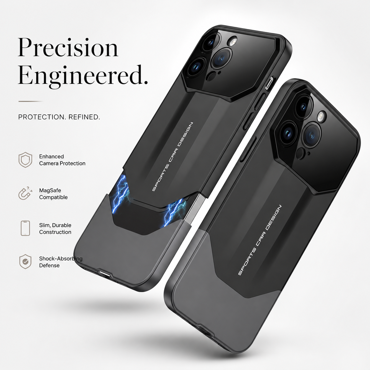 Premium iPhone Case Luxury Supercar Design Hard PC Shockproof Protective Cover Camera Lens Protection Anti Scratch Dustproof Slim Full Coverage
