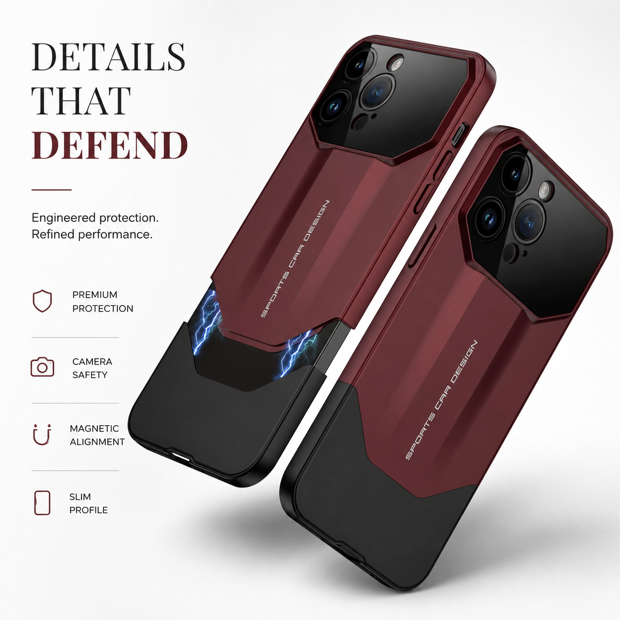 Premium iPhone Case Luxury Supercar Design Hard PC Shockproof Protective Cover Camera Lens Protection Anti Scratch Dustproof Slim Full Coverage