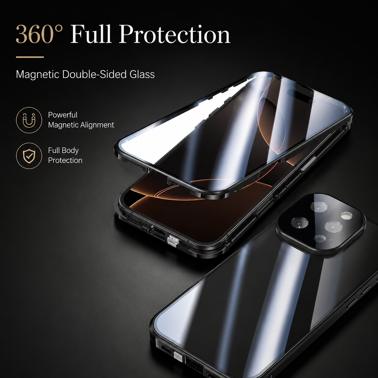 Premium iPhone Case MagSafe Compatible 360 Full Coverage Magnetic Glass Aluminum Frame Shockproof Snap Lock Bumper Anti Scratch Protective Design