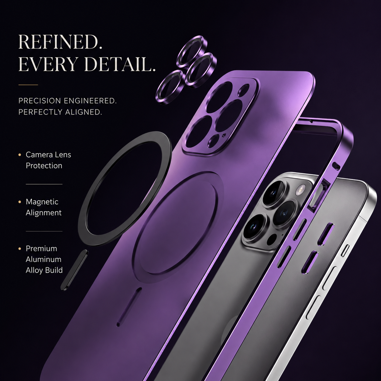 Premium iPhone Case MagSafe Compatible Aluminum Alloy Metal Frame Cover Shockproof Full Coverage Glass Lens Protection Matte Anti Glare Slim Design