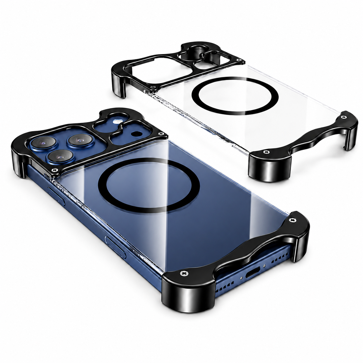 Premium iPhone Case MagSafe Compatible Aluminum Corner Bumper Protective Cover Transparent Back Shockproof Frameless Camera Protection Heat Dissipation Design