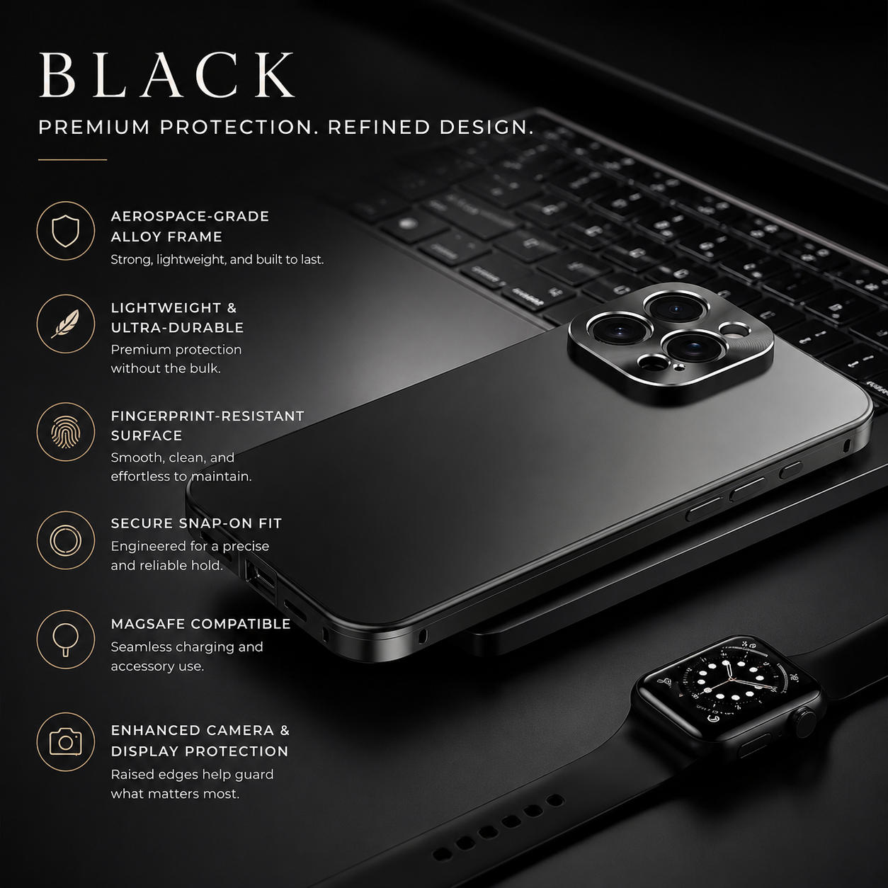 Premium iPhone Case MagSafe Compatible Aluminum Metal Frame Shockproof Protective Cover Camera Lens Protection Wireless Charging Slim Full Coverage