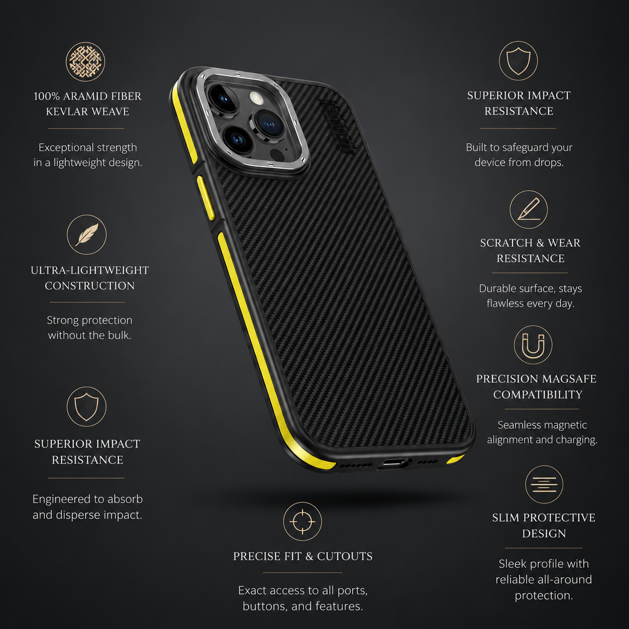 Premium iPhone Case MagSafe Compatible Aramid Fiber Kevlar 600D Ultra Thin Protective Cover Shockproof Wireless Charging Slim Lightweight Design