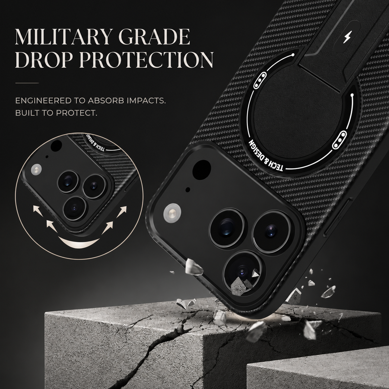 Premium iPhone Case MagSafe Compatible Carbon Fiber Pattern Fold Stand Magnetic Shockproof Protective Cover PC TPU Military Armor Camera Protection Full Coverage