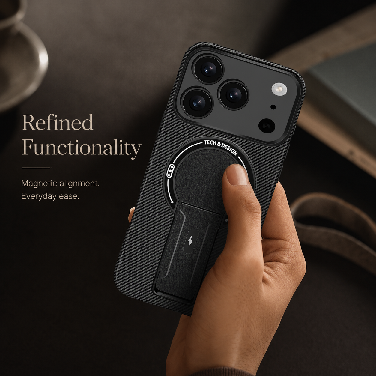Premium iPhone Case MagSafe Compatible Carbon Fiber Pattern Fold Stand Magnetic Shockproof Protective Cover PC TPU Military Armor Camera Protection Full Coverage