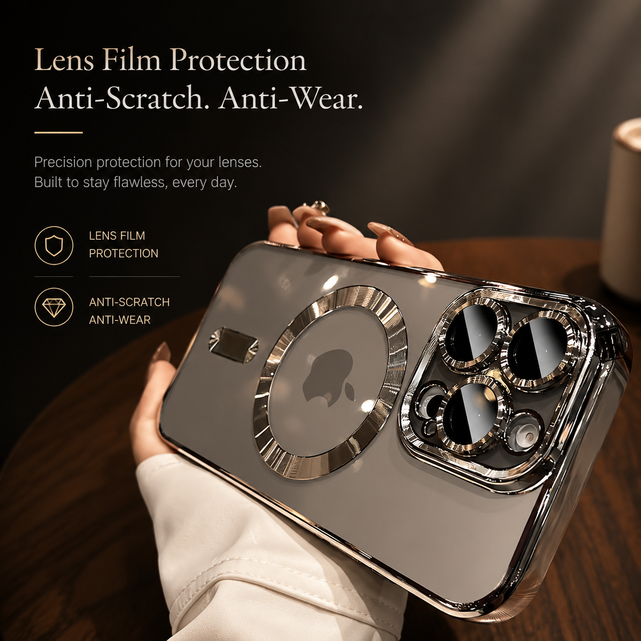 Premium iPhone Case MagSafe Compatible Clear Back Cover Desert Gold Frame Magnetic Lens Protection Shockproof Soft TPU Anti Scratch Slim Design
