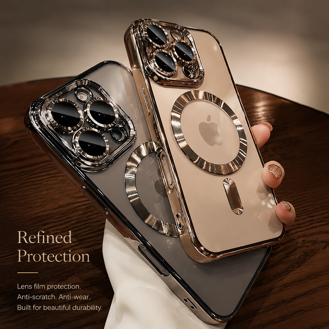 Premium iPhone Case MagSafe Compatible Clear Back Cover Desert Gold Frame Magnetic Lens Protection Shockproof Soft TPU Anti Scratch Slim Design