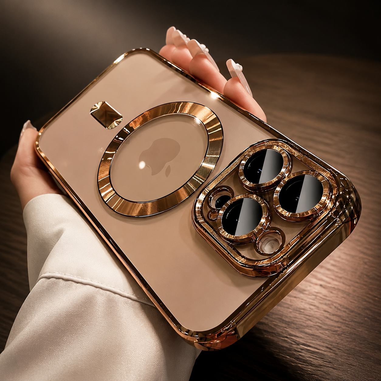 Premium iPhone Case MagSafe Compatible Clear Back Cover Desert Gold Frame Magnetic Lens Protection Shockproof Soft TPU Anti Scratch Slim Design
