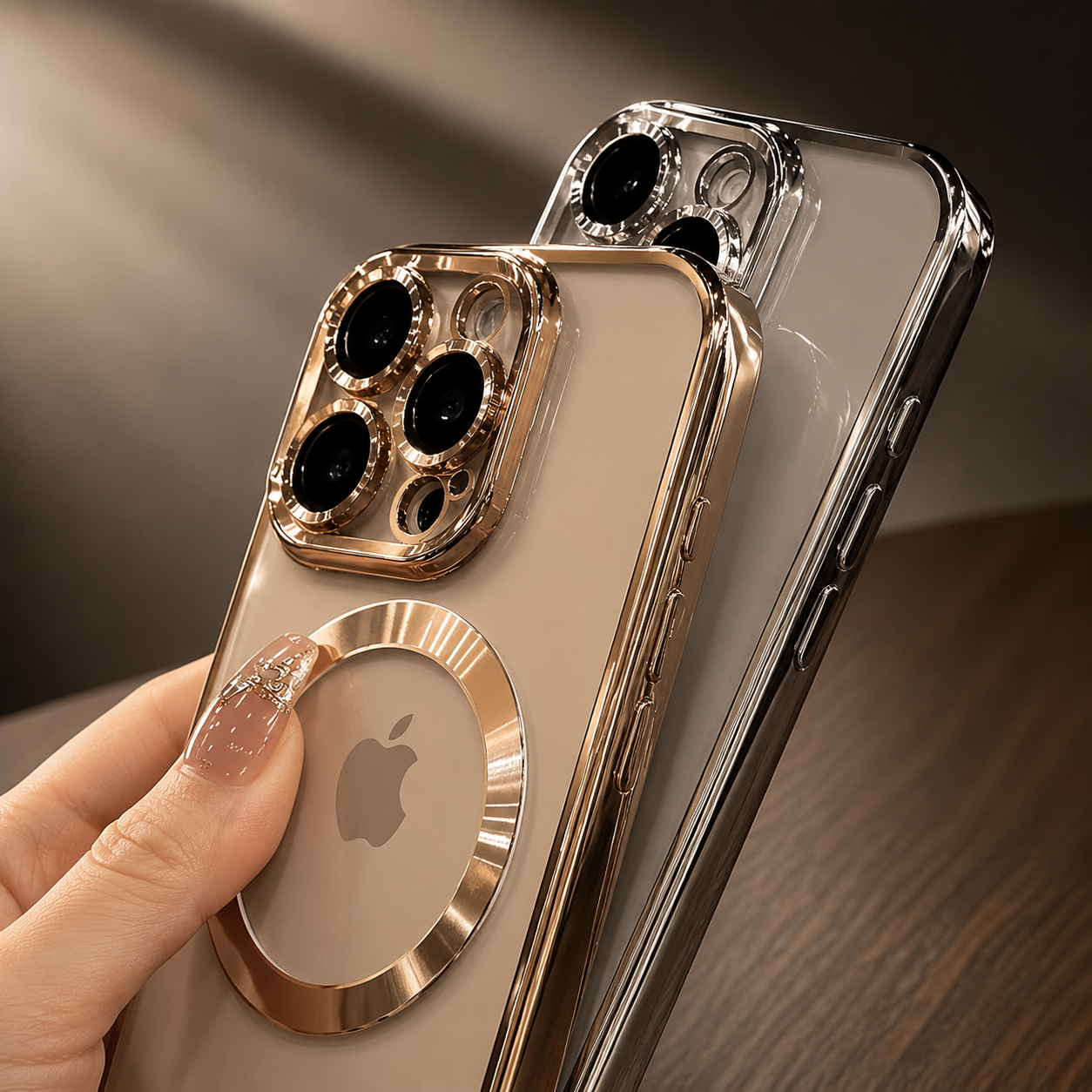 Premium iPhone Case MagSafe Compatible Clear Back Cover Desert Gold Frame Magnetic Lens Protection Shockproof Soft TPU Anti Scratch Slim Design
