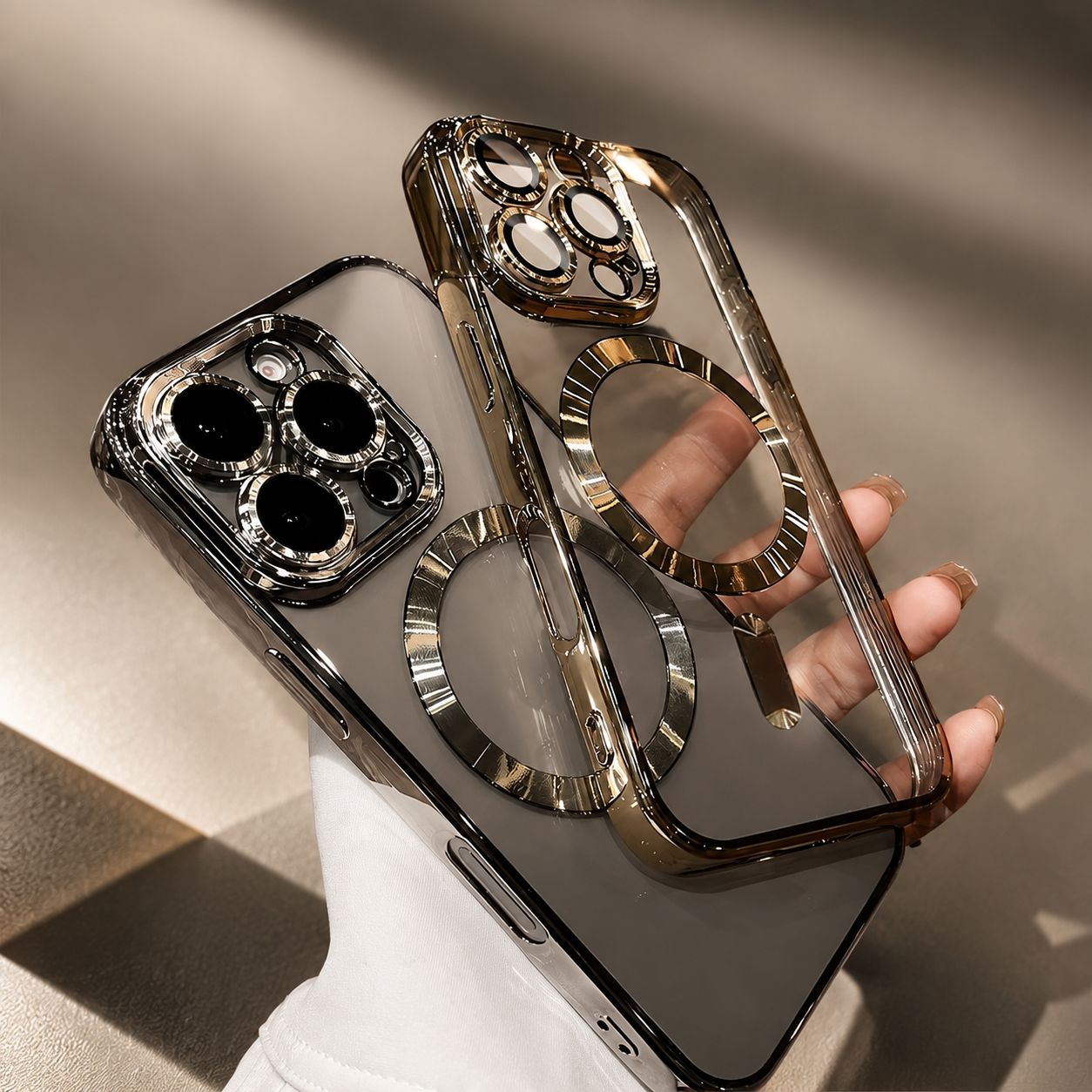 Premium iPhone Case MagSafe Compatible Clear Back Cover Desert Gold Frame Magnetic Lens Protection Shockproof Soft TPU Anti Scratch Slim Design