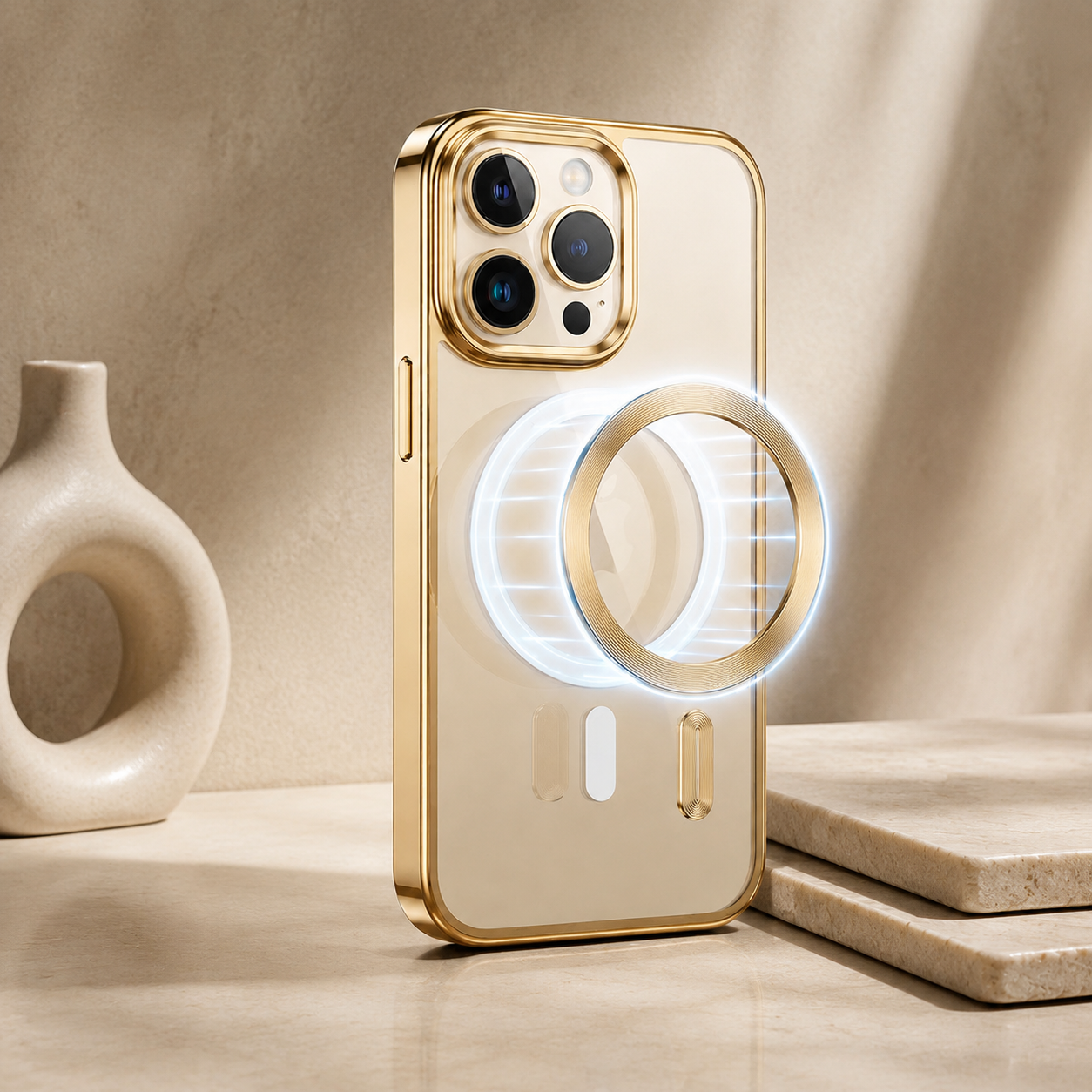 Premium iPhone Case MagSafe Compatible Clear TPU Cover Desert Gold Finish Shockproof Protective Case Camera Lens Protection Wireless Charging Slim Design