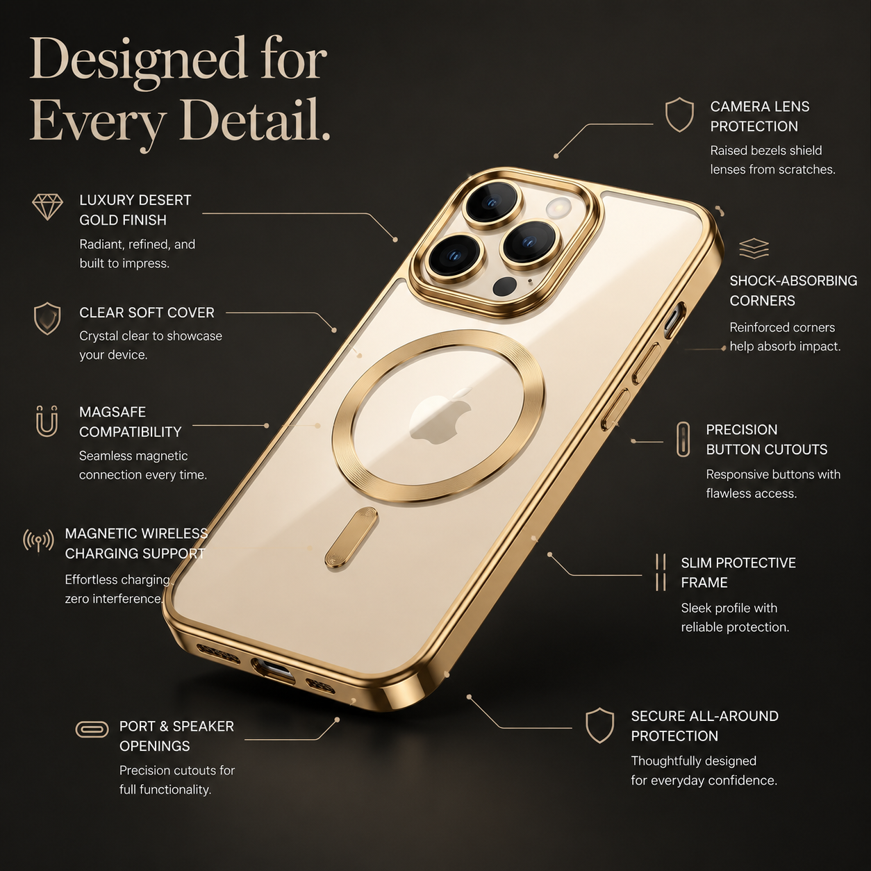 Premium iPhone Case MagSafe Compatible Clear TPU Cover Desert Gold Finish Shockproof Protective Case Camera Lens Protection Wireless Charging Slim Design