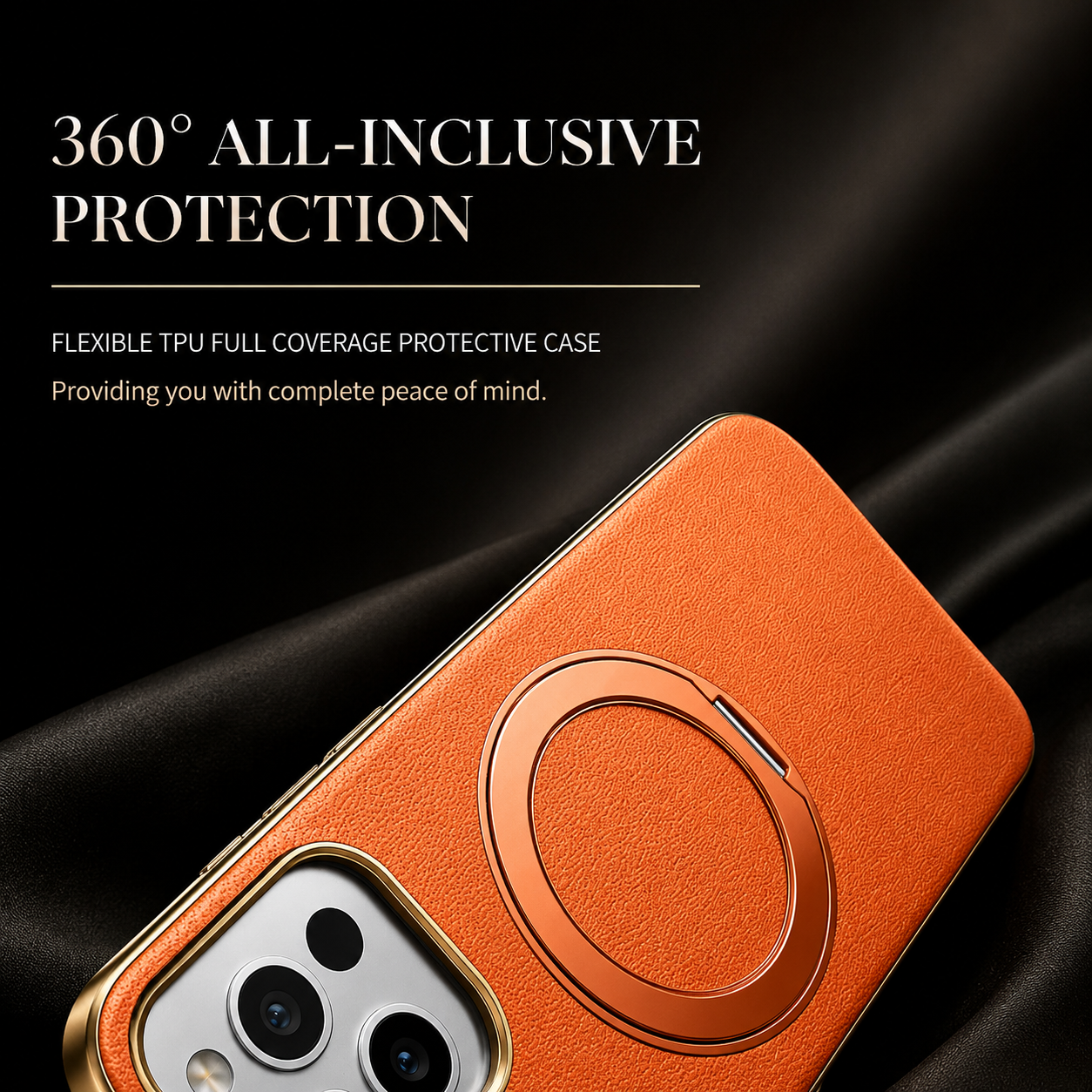 Premium iPhone Case MagSafe Compatible Cowhide Leather Cover with 360° Rotating Ring Holder Camera Lens Protection Shockproof PC TPU Slim Design Style