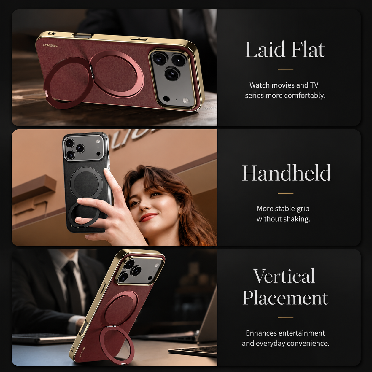 Premium iPhone Case MagSafe Compatible Cowhide Leather Cover with 360° Rotating Ring Holder Camera Lens Protection Shockproof PC TPU Slim Design Style