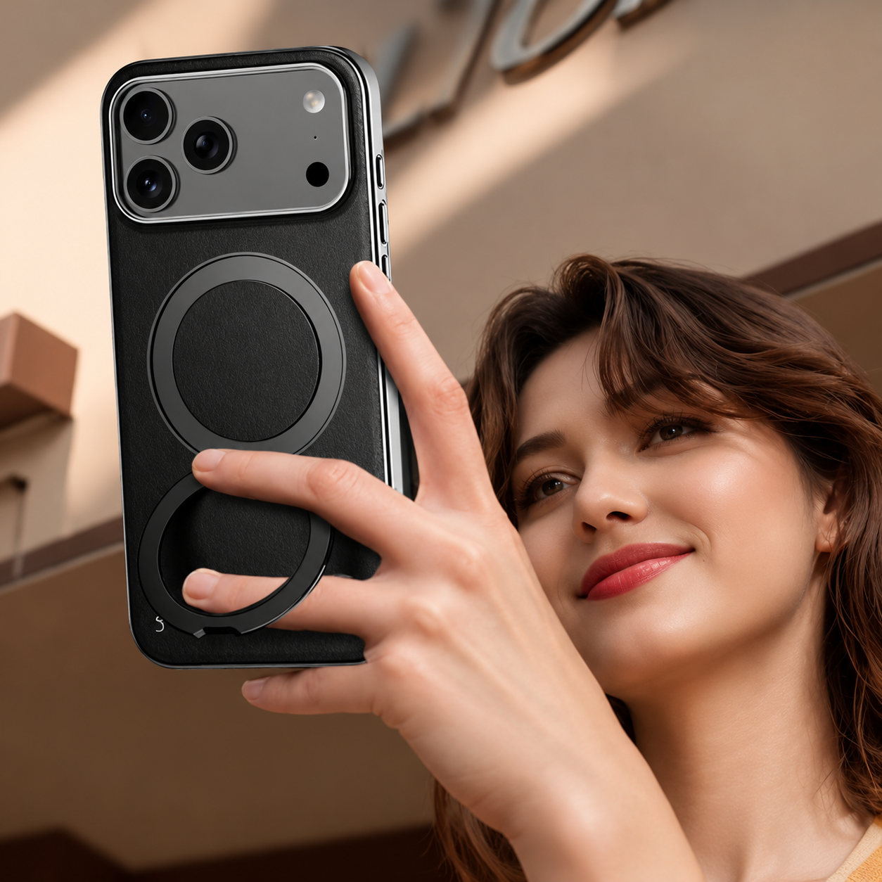 Premium iPhone Case MagSafe Compatible Cowhide Leather Cover with 360° Rotating Ring Holder Camera Lens Protection Shockproof PC TPU Slim Design Style