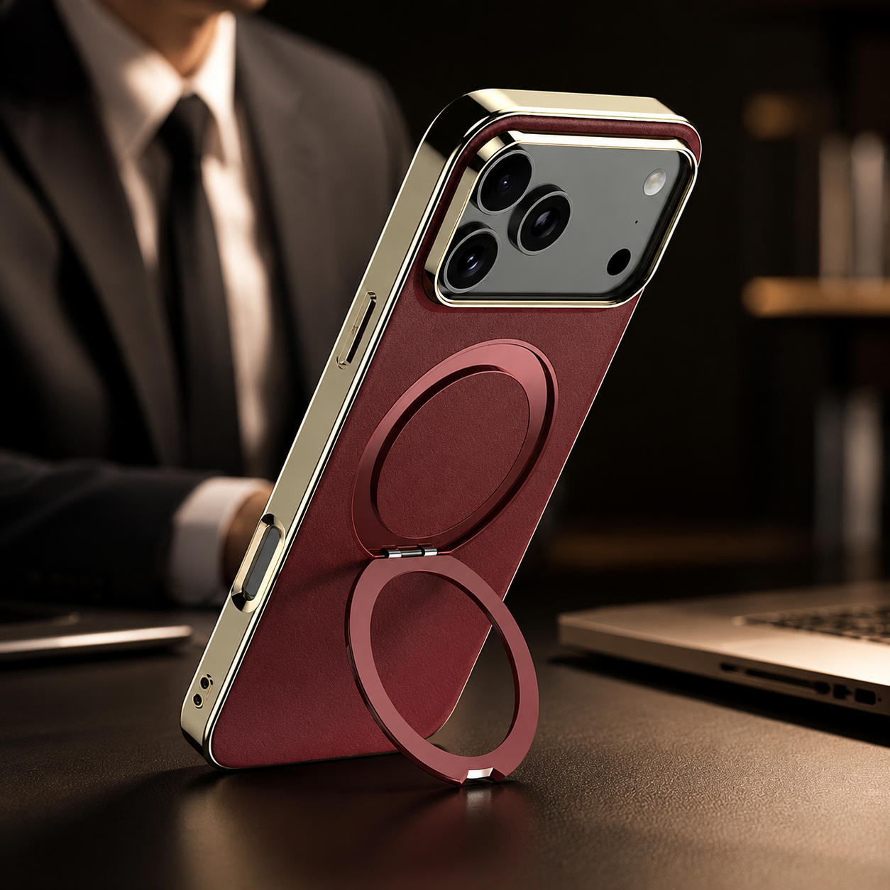 Premium iPhone Case MagSafe Compatible Cowhide Leather Cover with 360° Rotating Ring Holder Camera Lens Protection Shockproof PC TPU Slim Design Style