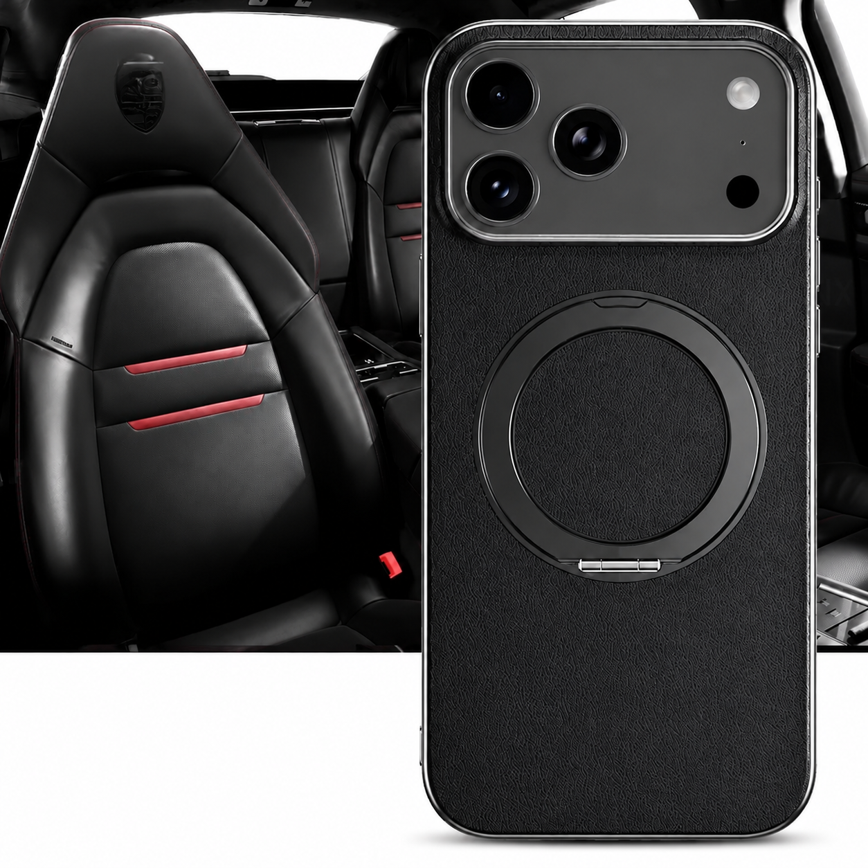 Premium iPhone Case MagSafe Compatible Cowhide Leather Cover with 360° Rotating Ring Holder Camera Lens Protection Shockproof PC TPU Slim Design Style