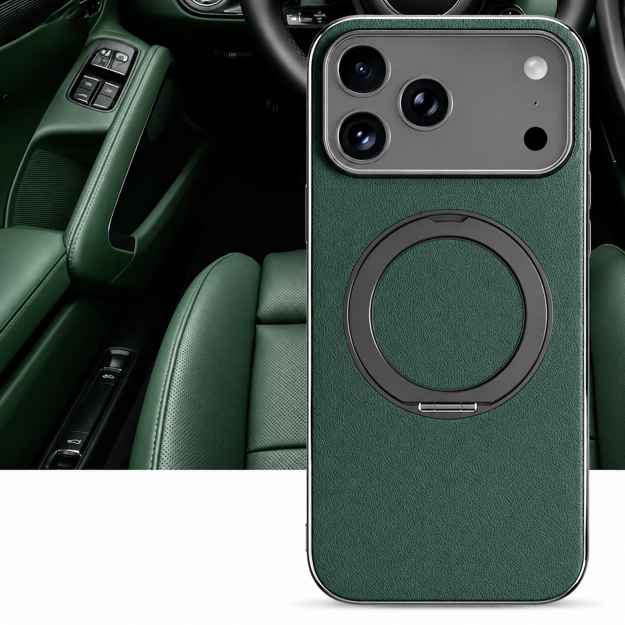 Premium iPhone Case MagSafe Compatible Cowhide Leather Cover with 360° Rotating Ring Holder Camera Lens Protection Shockproof PC TPU Slim Design Style