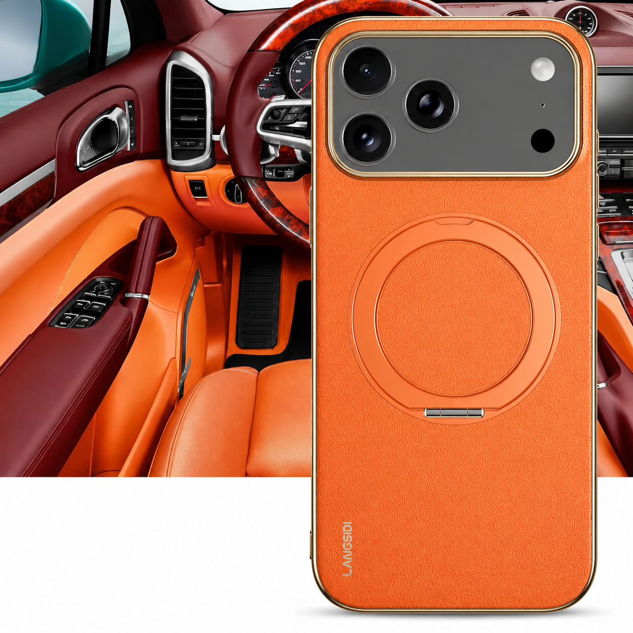 Premium iPhone Case MagSafe Compatible Cowhide Leather Cover with 360° Rotating Ring Holder Camera Lens Protection Shockproof PC TPU Slim Design Style