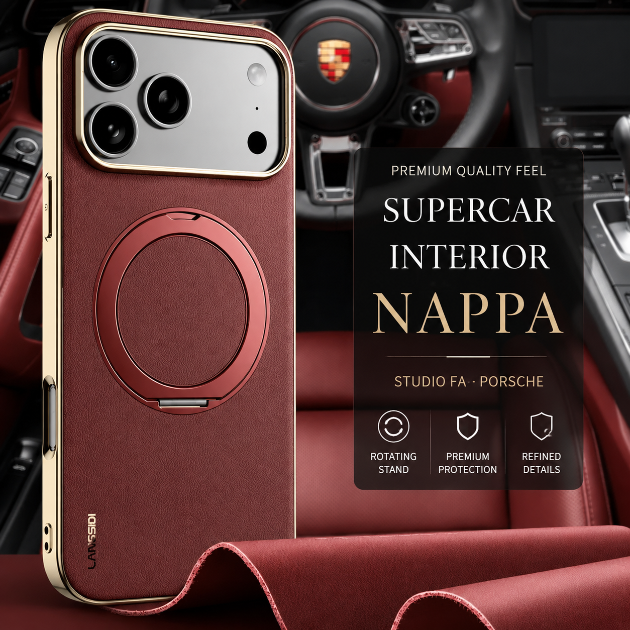Premium iPhone Case MagSafe Compatible Cowhide Leather Cover with 360° Rotating Ring Holder Camera Lens Protection Shockproof PC TPU Slim Design Style
