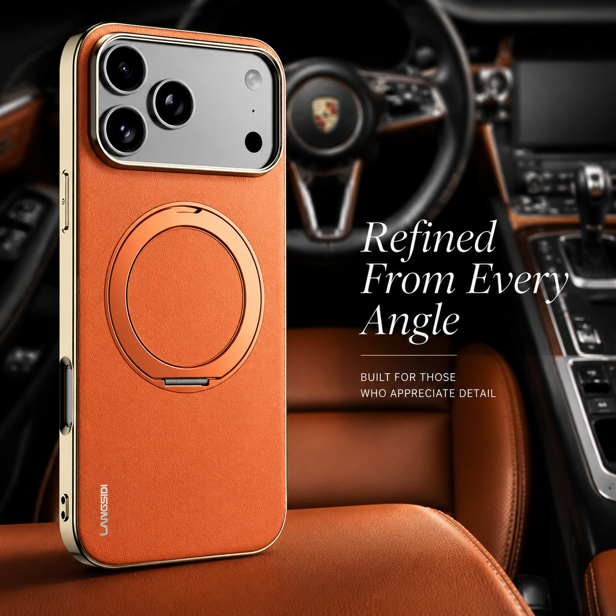Premium iPhone Case MagSafe Compatible Cowhide Leather Cover with 360° Rotating Ring Holder Camera Lens Protection Shockproof PC TPU Slim Design Style