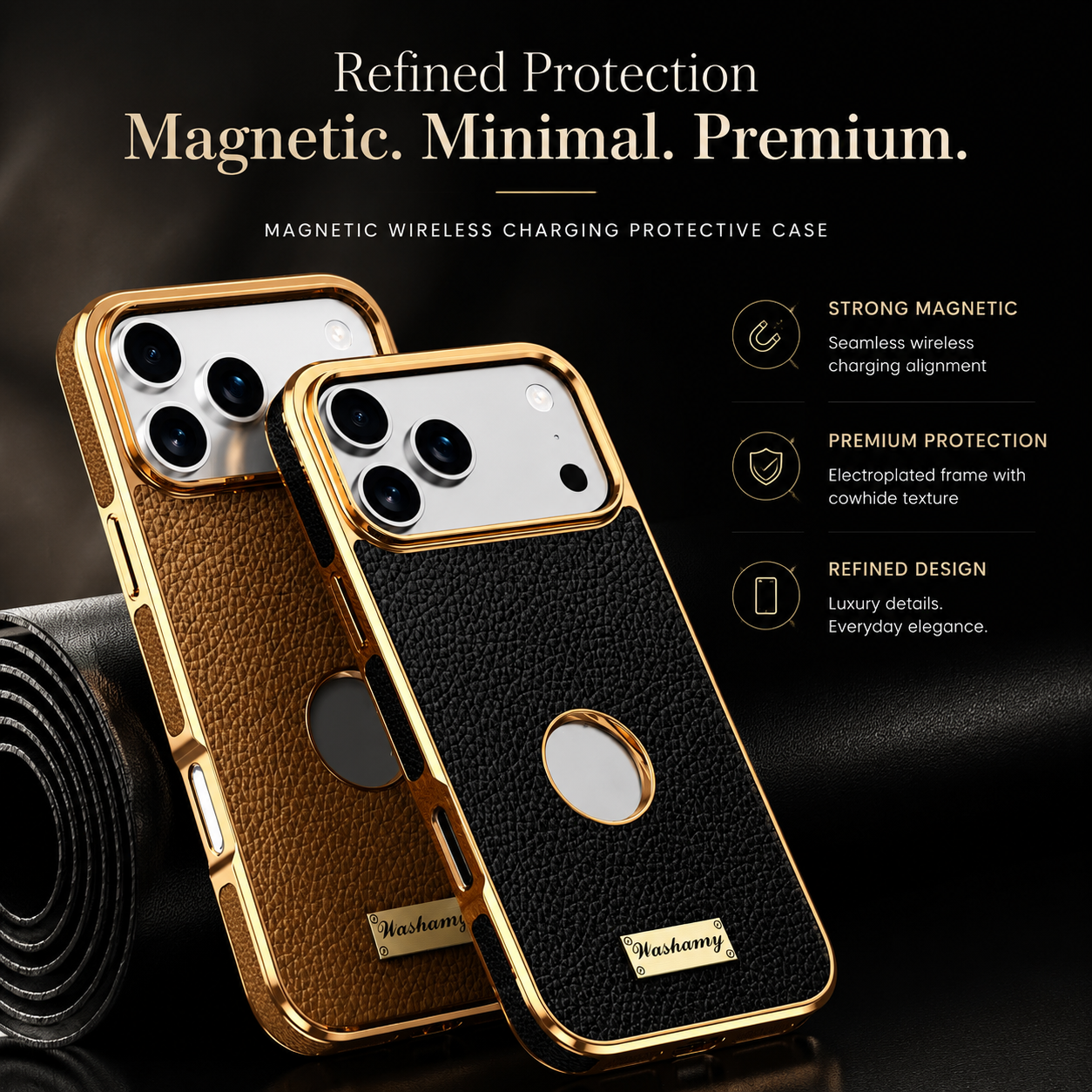 Premium iPhone Case MagSafe Compatible Cowhide Leather Cover with Lychee Texture Slim Protective Design Anti Fingerprint Non Slip Grip Durable Finish