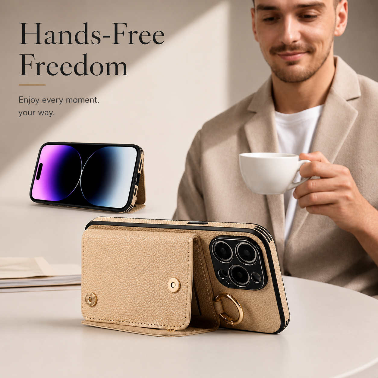 Premium iPhone Case MagSafe Compatible Crossbody Wallet Protective Cover PU Leather Card Holder Ring Stand Adjustable Strap Shockproof Full Body Design