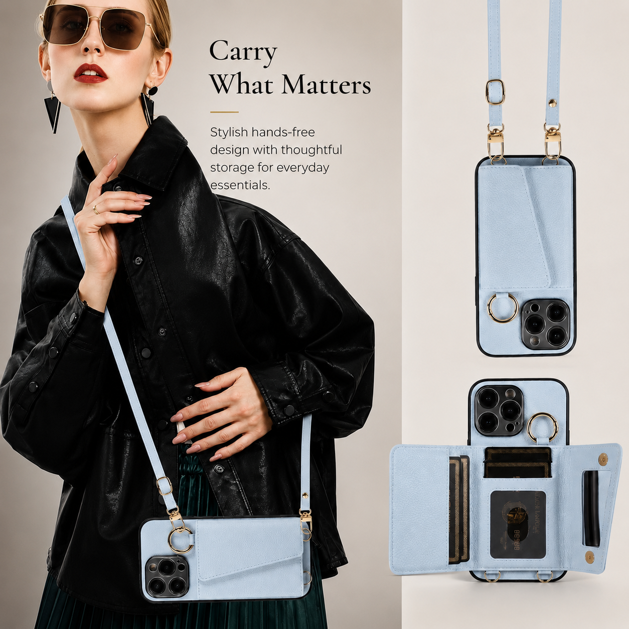 Premium iPhone Case MagSafe Compatible Crossbody Wallet Protective Cover PU Leather Card Holder Ring Stand Adjustable Strap Shockproof Full Body Design