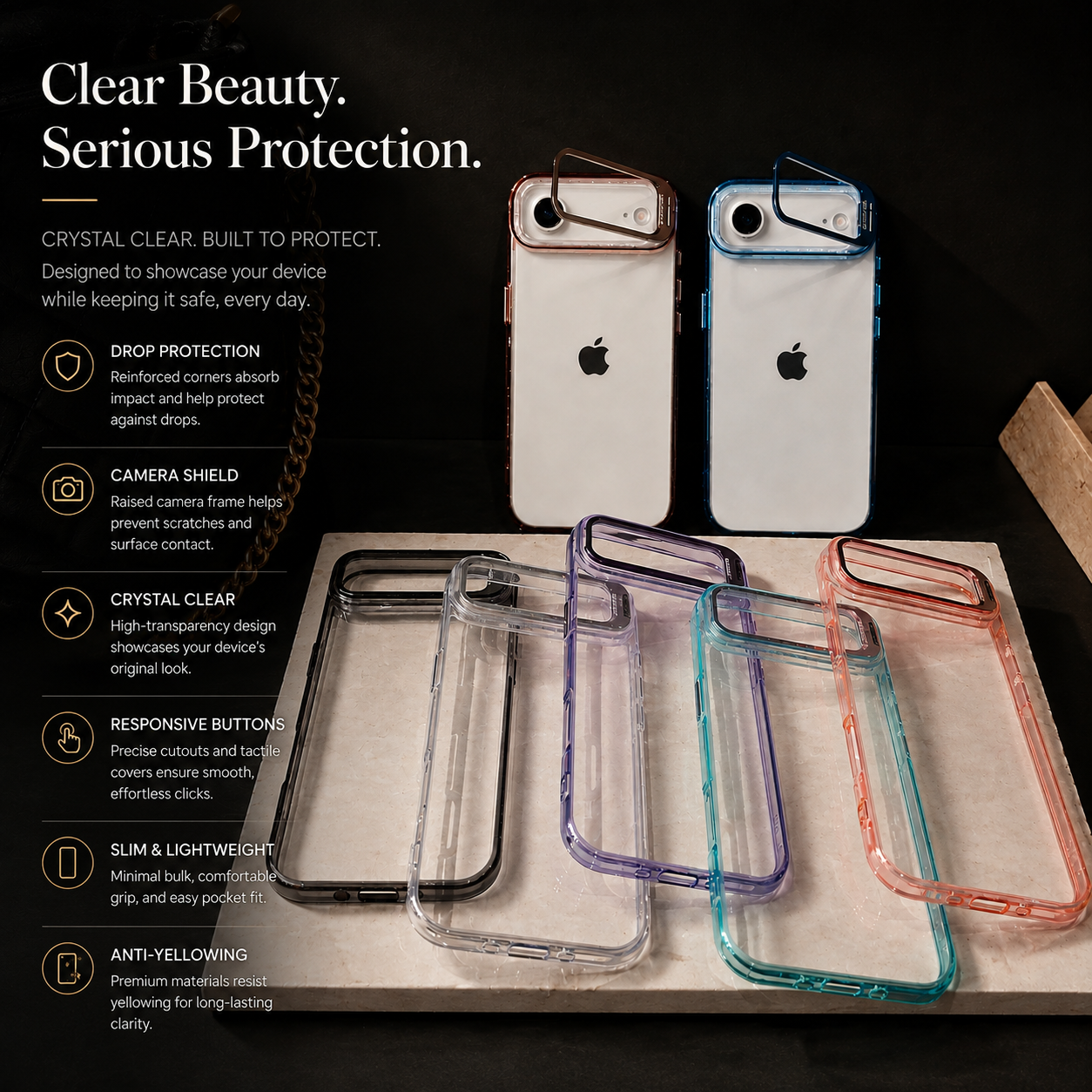 Premium iPhone Case MagSafe Compatible Crystal Clear PC Bumper with Camera Lens Stand Shockproof TPU Protective Cover Anti Scratch Slim Design