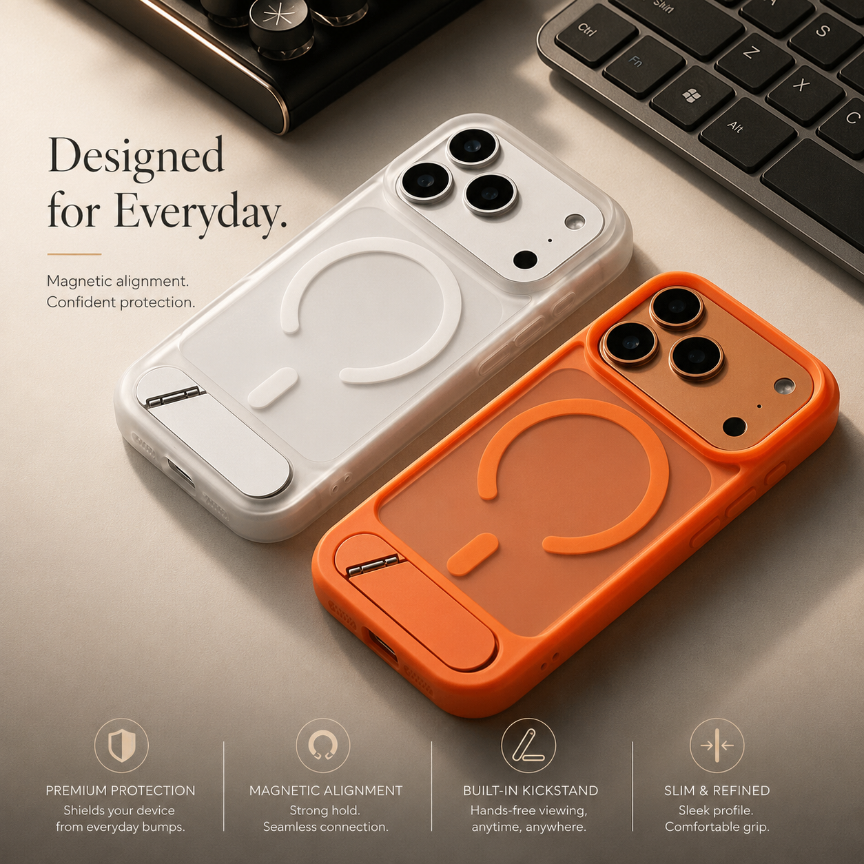 Premium iPhone Case MagSafe Compatible Foldable Stand Holder Matte PC Cover Shockproof Anti Fingerprint Magnetic Ring Non Slip Slim Protective Design