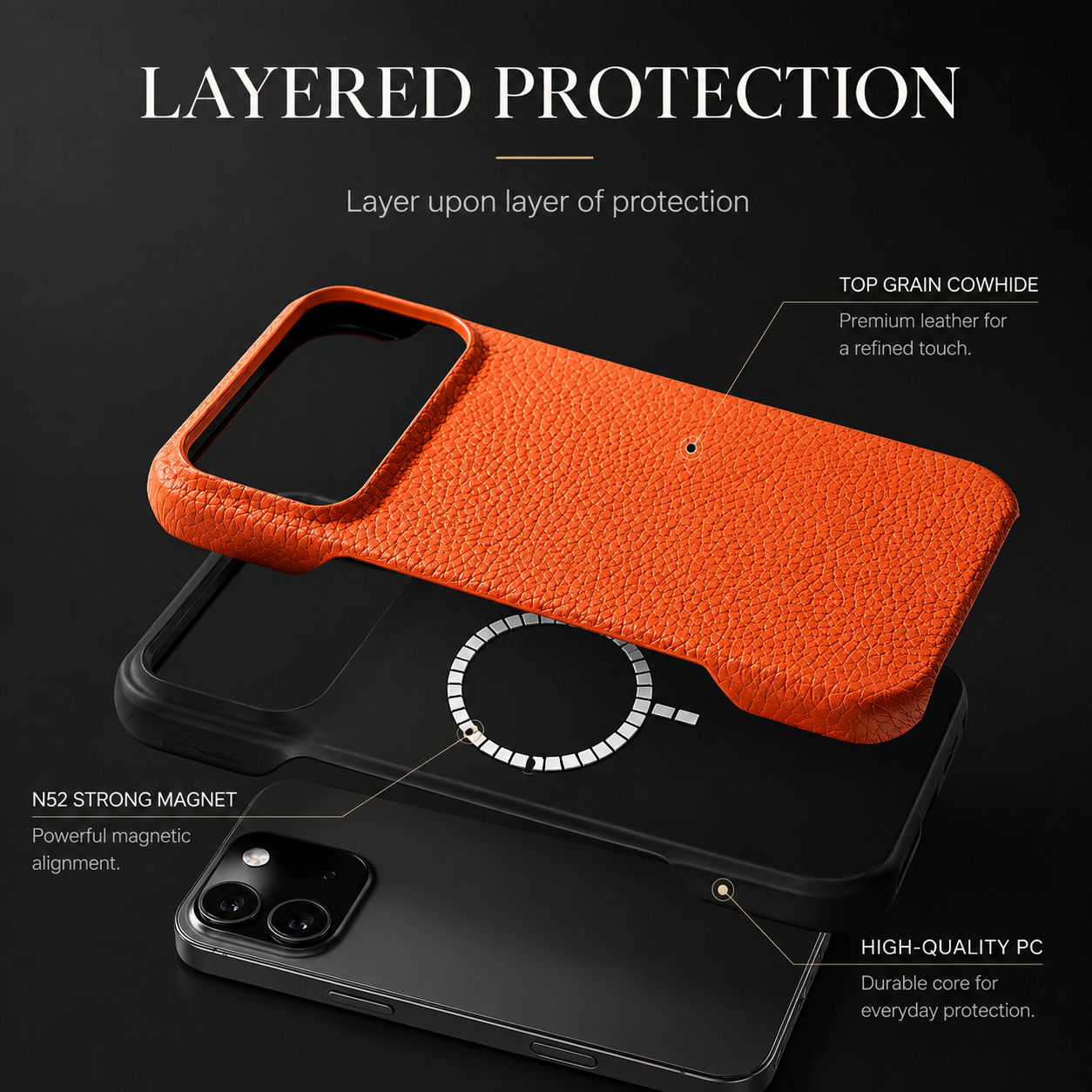 Premium iPhone Case MagSafe Compatible Genuine Leather Magnetic Protective Cover Luxury Cowhide Leather Slim Shockproof Full Coverage