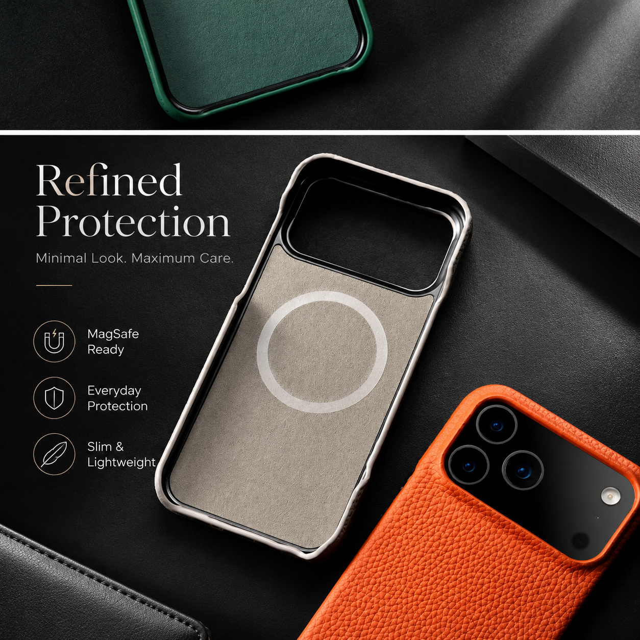 Premium iPhone Case MagSafe Compatible Genuine Leather Protective Cover Magnetic Camera Lens Protection Anti Scratch Slim Full Coverage